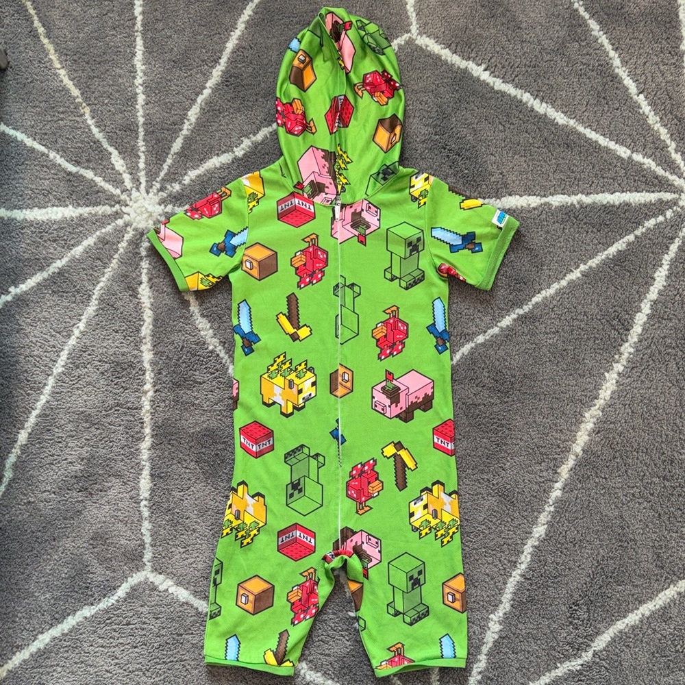 Minecraft Hooded One Piece Pajamas Green Zip Romper Creeper TNT Gamer PJ Boys XS